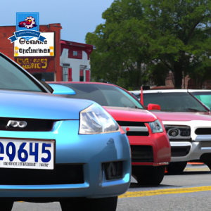An image of a bustling street in York, South Carolina with cars of various makes and models, each displaying the logo of a different car insurance company