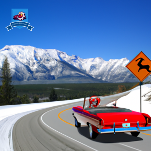 An image of a vintage red convertible driving through the snow-covered mountains of Big Sky, Montana, with a clear blue sky overhead and a deer crossing sign in the background