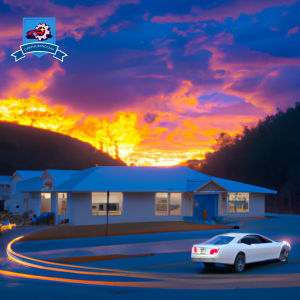 An image of a car driving through the winding mountain roads of Cross Lanes, West Virginia, with a colorful sunset in the background and a local insurance office in the foreground