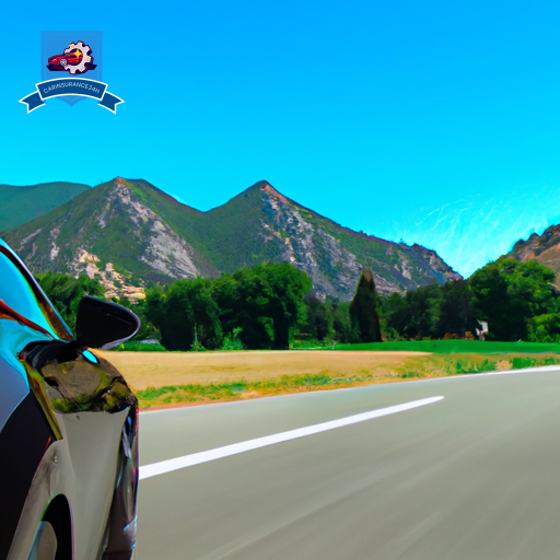An image of a sleek black car driving through the scenic roads of East Helena, with a clear blue sky above and the iconic Rocky Mountains in the background