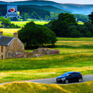 An image of a car driving through the scenic countryside of East Renfrewshire, Scotland, with a backdrop of rolling hills, historic stone buildings, and lush greenery