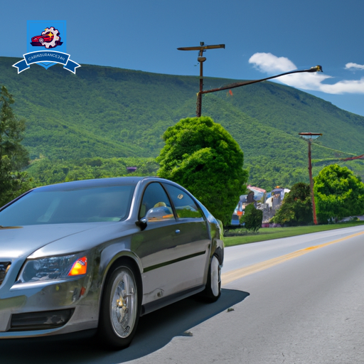 An image of a shiny silver sedan driving through the scenic streets of Front Royal, Virginia, with lush green mountains in the background and a clear blue sky above