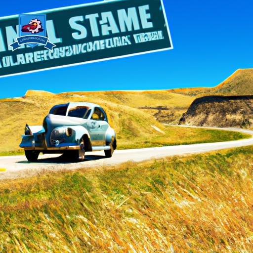 An image of a vintage car driving through the scenic landscapes of Glendive, Montana, with a backdrop of rolling hills, clear blue skies, and a sign for a local insurance agency in the background