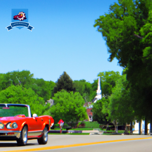 E of a shiny red convertible driving down a tree-lined street in Grand Island, with a clear blue sky above and a local landmark in the background