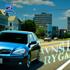 An image of a car driving down a tree-lined street in Hampton, Virginia, with a Hampton cityscape in the background and a sign for a local insurance agency visible