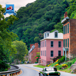 An image of a winding road through the historic town of Harpers Ferry, West Virginia, with a classic car driving past historic buildings and lush greenery