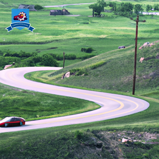 An image of a serene landscape in Hill City, South Dakota, with a sleek, modern car driving along a winding road