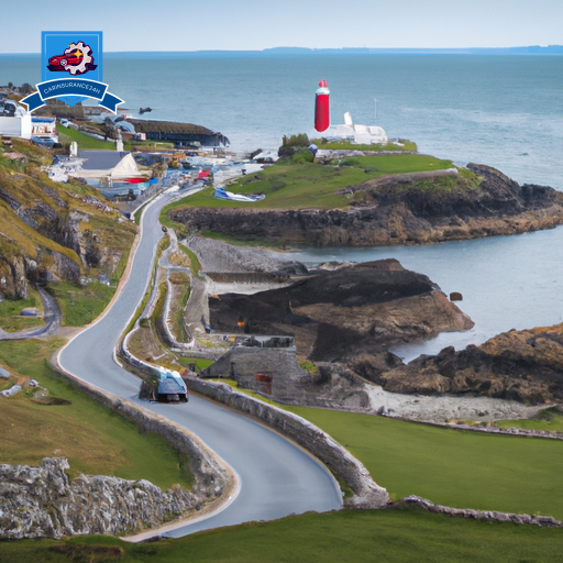 An image showcasing a rugged coastline with a winding road, leading towards a quaint village on the Isle of Anglesey