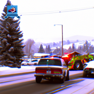 image of a snowy street in Kalispell, Montana with a car accident scene in the background, and a tow truck arriving to assist