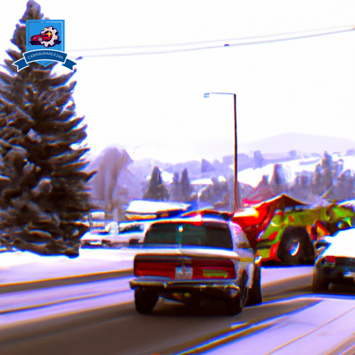 image of a snowy street in Kalispell, Montana with a car accident scene in the background, and a tow truck arriving to assist