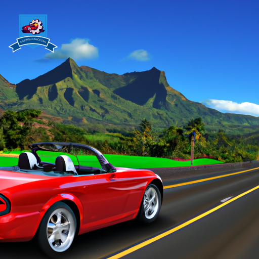 An image of a shiny red convertible driving along the scenic coastal roads of Kauai, Hawaii