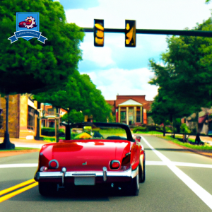 An image of a vintage red convertible driving down Main Street in Laurens, South Carolina