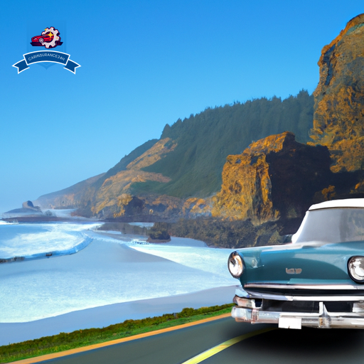 An image of a vintage car driving along the scenic coastline of North Bend, Oregon