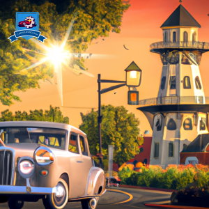 An image of a vintage car driving through the charming streets of Pella, Iowa, with the iconic Vermeer Windmill in the background, showcasing the importance of car insurance in this quaint town