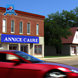 An image of a sleek red sports car driving down Main Street in Plattsmouth, passing by a local insurance agency with a "Car Insurance" sign in the window