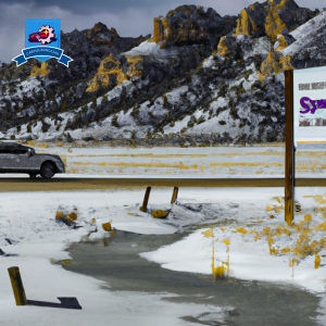 An image of a rugged, snow-covered landscape in Rock Springs, Wyoming with a car navigating icy roads