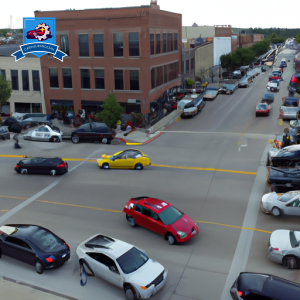 Bustling downtown street in Sioux City, Iowa, with cars parked along the curb and a variety of vehicles driving through an intersection