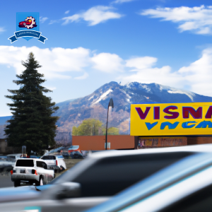 An image of a car navigating through the bustling streets of Spokane Valley, Washington, with the iconic mountains in the background and a local insurance office sign in the foreground