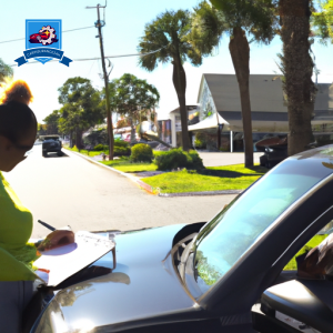 An image of a sunny Summerville street lined with palm trees, featuring a car insurance agent helping a smiling customer with paperwork