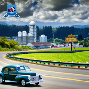 An image of a vintage car driving on the scenic Highway 101 in Tillamook, Oregon, with the iconic Tillamook cheese factory in the background