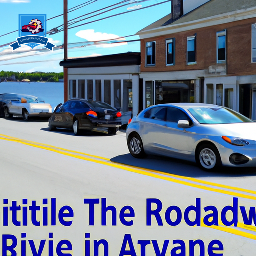 An image of a bustling main street in Tiverton, Rhode Island, featuring cars of various makes and models driving past local insurance agencies and a scenic backdrop of the Sakonnet River