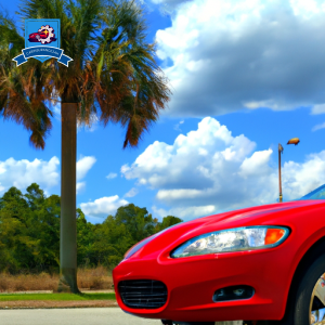An image of a bright red sports car parked next to a lush green palm tree in West Columbia, South Carolina, with a blue sky and fluffy white clouds overhead