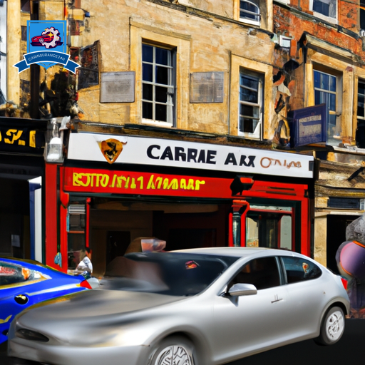 An image of a bustling York street scene with cars of various makes and models driving past a prominent car insurance office, with a banner displaying "Car Insurance in York"
