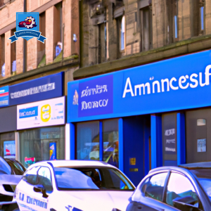 An image of a bustling city street in Glasgow City, Scotland, with cars and insurance company logos visible on storefronts