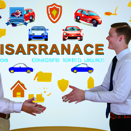 An image showing a friendly insurance broker shaking hands with a client, with a car and multiple insurance policy icons floating above their heads, symbolizing diverse car insurance quotes being compared
