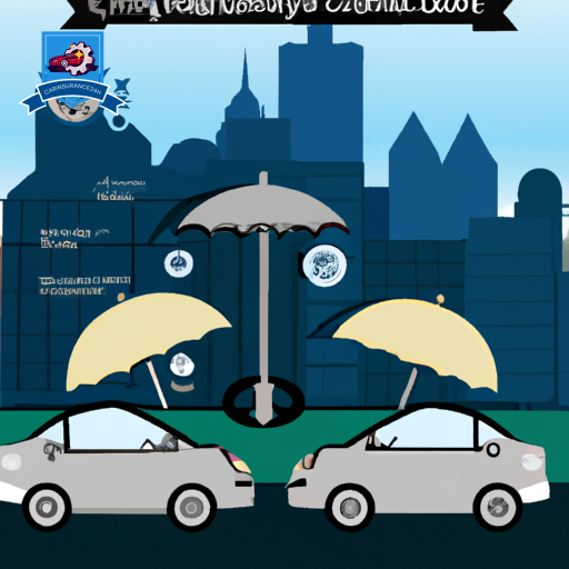 An infographic featuring two cars after a minor collision, surrounded by insurance policy icons (umbrella, shield, dollar sign), and a balanced scale symbolizing fairness, set against a backdrop of a simplified city skyline