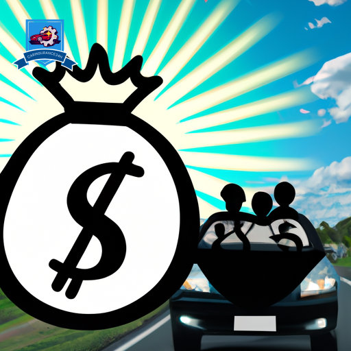 An image of a happy family driving in a car with a shield protecting them, surrounded by dollar signs, indicating savings, on a road leading towards a sunny horizon