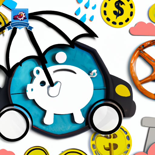 An image of a piggy bank on wheels, shielded by an umbrella, with coins falling into it, surrounded by various car safety symbols like seat belts, airbags, and a defensive driving icon