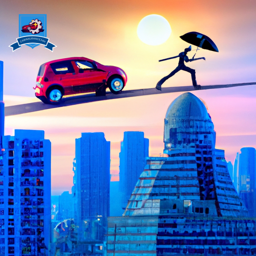 An image showing a tightrope walker balancing above a cityscape, holding an umbrella shaped like a car, symbolizing the navigation and protection needed in handling high-risk auto insurance