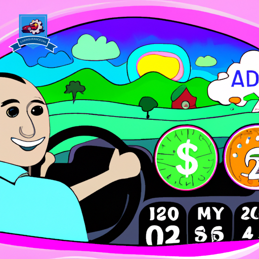 Ate a happy driver inside a car with an odometer showing low mileage, surrounded by symbols of money savings, protection, and a serene landscape to represent the peaceful mind and financial benefits of low-mileage discounts