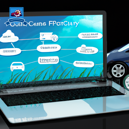 An image of a sleek laptop with a car and insurance policy icons on the screen, surrounded by mouse clicks transitioning policies, all encapsulated within a soft, digital, secure cloud