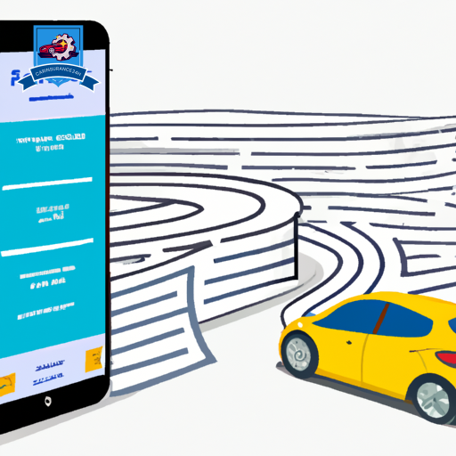 An image featuring a maze with a car at the entrance and an insurance policy at the exit, symbolizing the journey of navigating online quotes, highlighted by clickable icons and secure, digital pathways