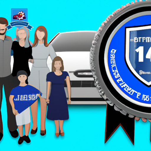 Ate a smiling family standing beside a car with a protective shield symbol above it, surrounded by discount tags featuring safety gear, a hybrid car symbol, and a good driver medal