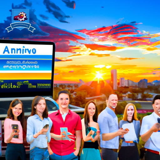 An image of a diverse group of people holding laptops and smartphones, comparing car insurance quotes in front of the Alliance skyline, with a colorful sunset in the background
