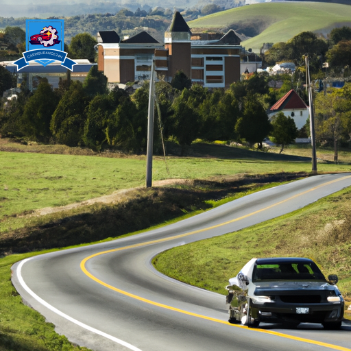 An image of a sleek black sedan driving down the winding roads of Blacksburg, Virginia with a backdrop of rolling hills and the iconic Hokie Stone buildings in the distance