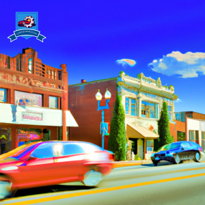 An image of a vibrant main street in Boiling Springs, South Carolina, with cars driving past local insurance agencies