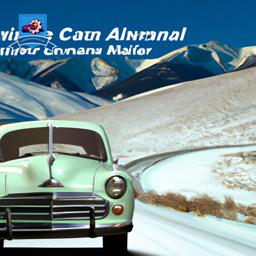 An image of a vintage car driving through the snow-covered mountains of Bozeman, Montana, with a digital screen displaying various car insurance quotes