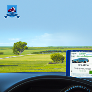 An image of a car driving through the scenic countryside of Brookings, South Dakota, with a digital device displaying various car insurance quotes on the dashboard