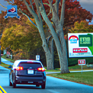 An image of a car driving down a tree-lined street in Coventry, Rhode Island with various car insurance company logos displayed on billboards and signs along the road