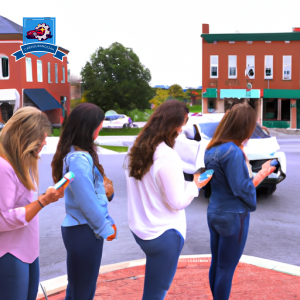 An image of a diverse group of people comparing car insurance quotes on their smartphones in front of the historic downtown area of Danville, Virginia