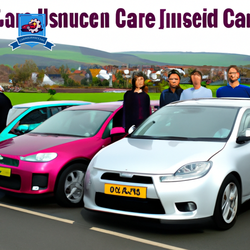 An image of a diverse group of people standing in front of a row of colorful cars, each person holding a different car insurance quote in Flintshire