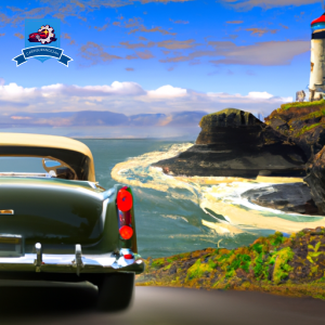 An image of a vintage car driving along the scenic Oregon coast with a lighthouse in the background