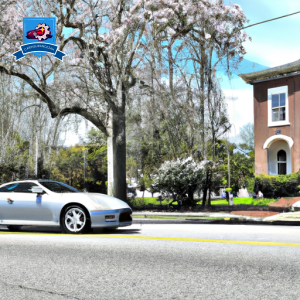 An image of a sleek, silver car driving through the historic streets of Florence, South Carolina