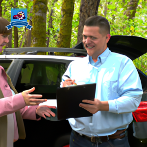 An image of a lush forest in Forest Grove, Oregon with a car insurance agent holding a clipboard and discussing quotes with a customer in front of a car
