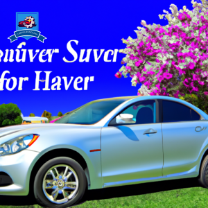 An image of a sleek silver sedan parked in front of a blooming garden in Gardiner