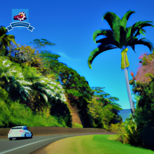 An image of a tropical scene in Hilo, Hawaii with a car driving on a scenic road, surrounded by lush greenery and palm trees, with a clear blue sky overhead